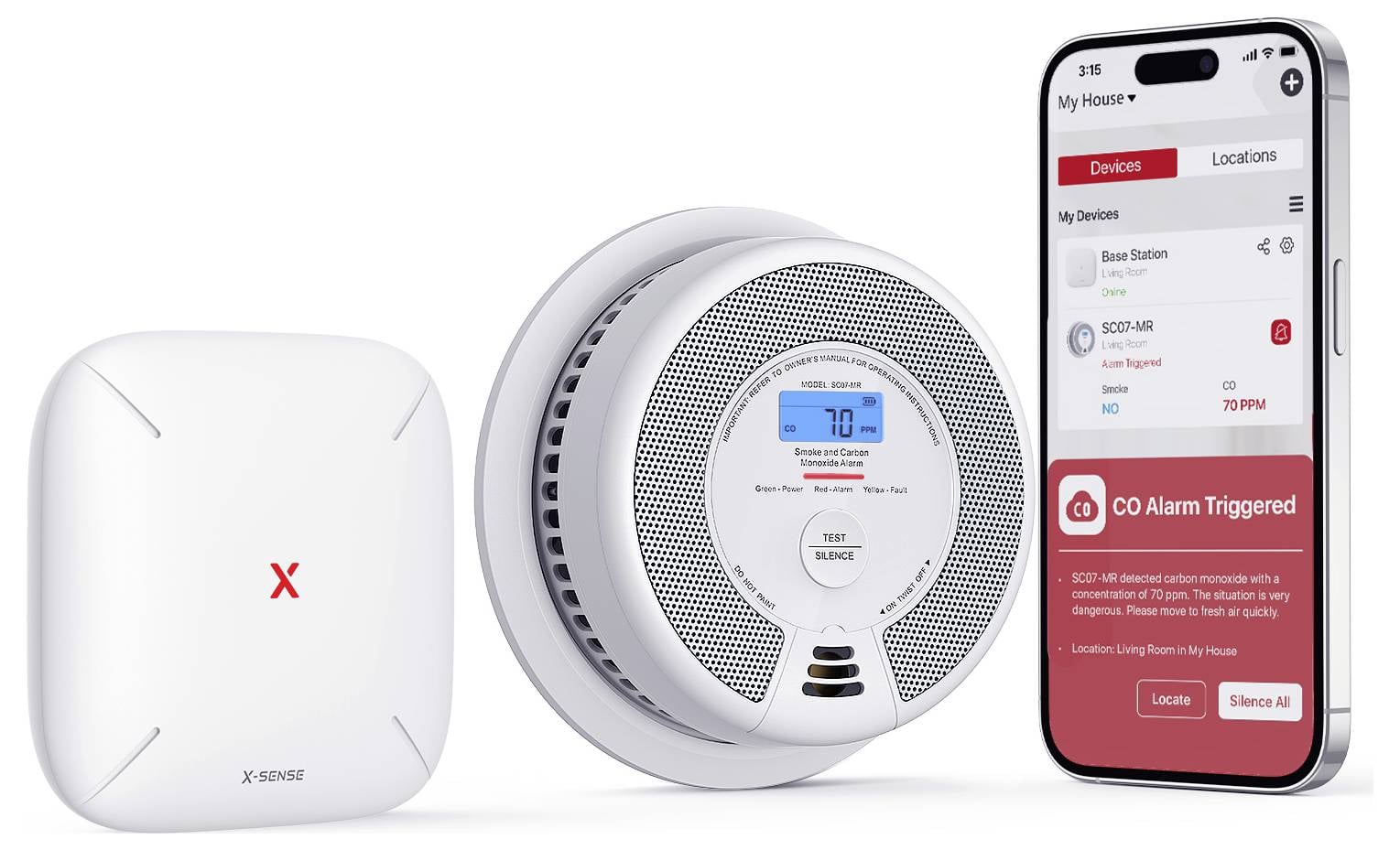 Smart-Home-Sicherheitsgeräte: ein Rauchmelder, eine Kohlenmonoxid-Alarmanlage, die 70 ppm anzeigt, und eine Smartphone-App, die „CO-Alarm ausgelöst" anzeigt.