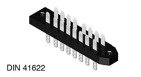 Ein schwarzer 12-poliger elektronischer Steckverbinder mit langem Sockel und silbernen Kontakten. Mit der Bezeichnung „DIN 41622" in der unteren linken Ecke gekennzeichnet.