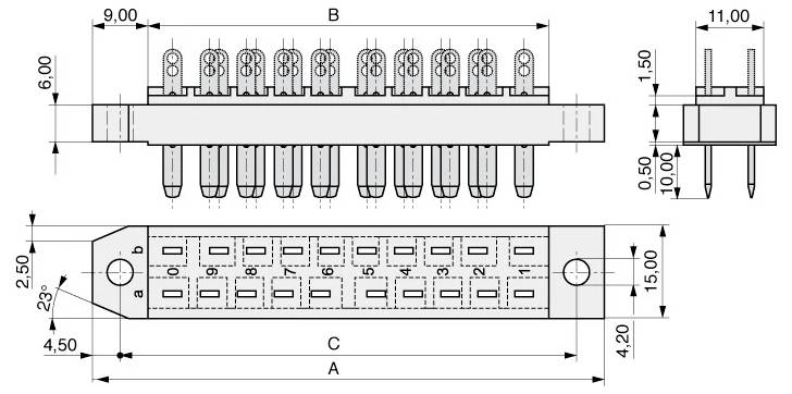 Technisches Diagramm eines elektronischen Steckers mit mehreren beschrifteten Abmessungen, zeigt Front- und Seitenansichten, Messpunkte in Millimetern.