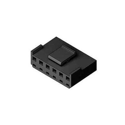 Ein schwarzer rechteckiger elektrischer Stecker mit sechs Steckplätzen, wahrscheinlich zur Verwendung für Kabelverbindungen in elektronischen Geräten.