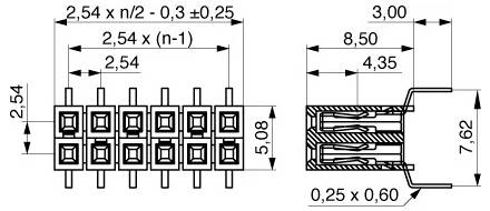 Anschlussstiftstecker-Anordnungsdiagramm mit Abmessungen für einen Stecker, einschließlich Stiftabstand, Breite und Höhe in Millimetern.