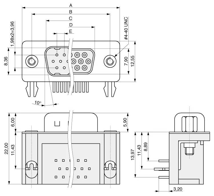 Technisches Diagramm eines 9-poligen D-Sub-Steckers mit Abmessungen in Millimetern. Es werden Vorder-, Ober- und Seitenansichten mit spezifischen Maßen für jede Komponente angezeigt.