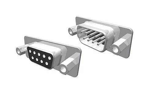 'Illustration zweier D-Sub-Stecker, ein Stecker mit Kontakten und eine Buchse mit Buchsenkontakten, die zum Verbinden elektronischer Geräte verwendet werden.'