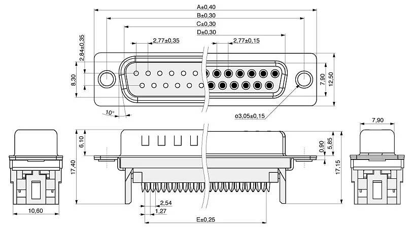 Technische Zeichnung eines 15-poligen Steckers mit Vorder-, Draufsicht und Seitenansicht mit detaillierten Maßen und Abmessungen in Millimetern.