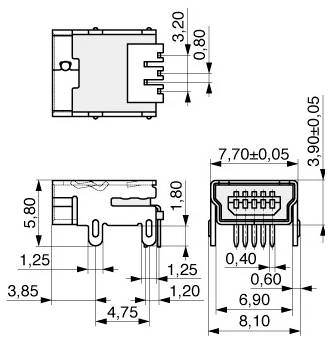 Technische Zeichnung eines elektronischen Steckers mit Draufsicht, Seitenansicht und Vorderansicht. Abmessungen und Toleranzen sind in Millimetern angegeben.