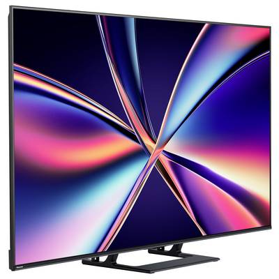 Ein großer Flachbildfernseher mit einem lebendigen abstrakten Wirbelmuster auf dem Display, das eine Mischung aus blauen, rosa und orangefarbenen Tönen zeigt.