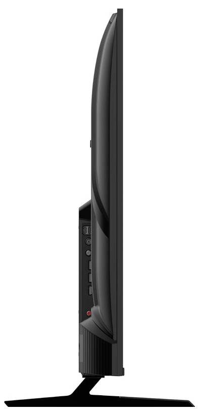 Eine Seitenansicht eines Flachbildfernsehers, der sein schlankes Design und seinen V-förmigen Standfuß zeigt.