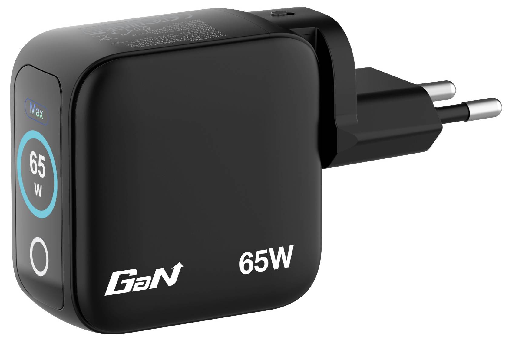 Ein schwarzes GaN-Ladegerät mit der Bezeichnung 65W und einem zweipoligen Stecker, das einen 65-W-Ausgangsindikatoren und ein kreisförmiges Designelement an der Seite aufweist.