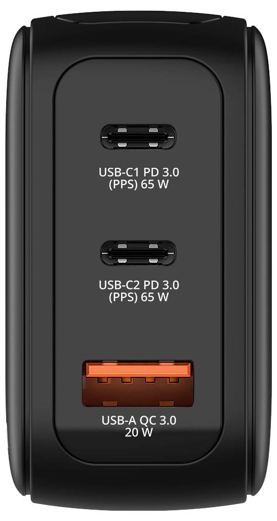 Ein schwarzes Wandladegerät mit drei Anschlüssen: zwei USB-C PD 3.0 65W und ein USB-A QC 3.0 20W, konzipiert für schnelles Laden.