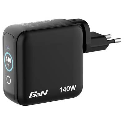 Ein schwarzes GaN-Ladegerät mit 140W USB-Anschluss und zweipoliger Steckkerze, mit blauer LED-Stromanzeige und schlankem, kompaktem Design.