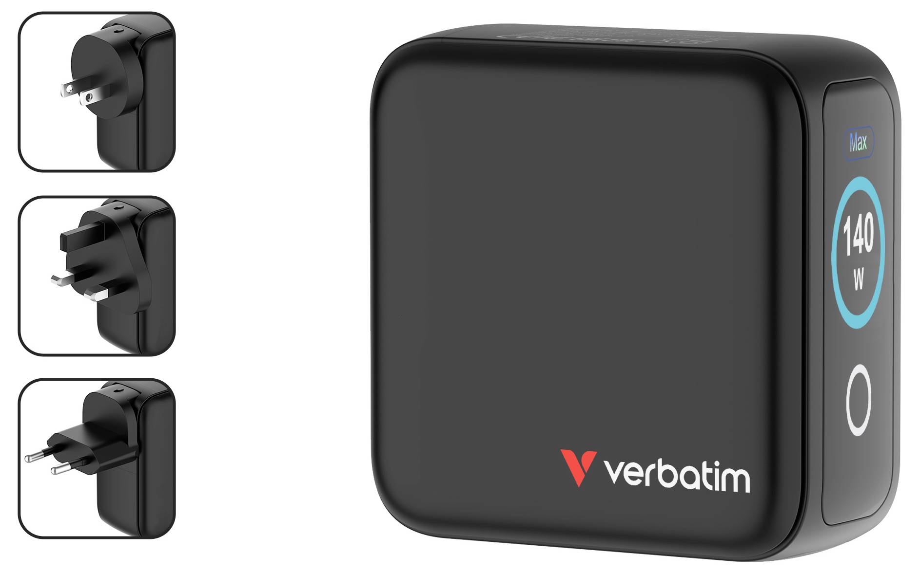 Ein schwarzer Verbatim 140W Netzteil mit austauschbaren Steckern für verschiedene Regionen, zeigt ein kompaktes Design mit einem USB-C-Anschluss.