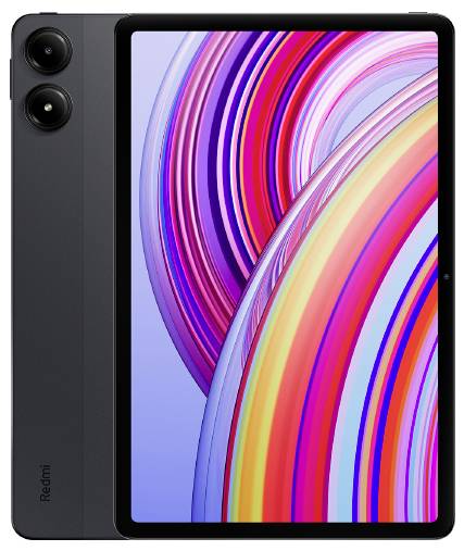 Ein schlankes Tablet mit einer Dual-Kamera-Konfiguration auf der Rückseite und mit einem lebendigen, mehrfarbigen abstrakten Spiralmuster auf dem Display.