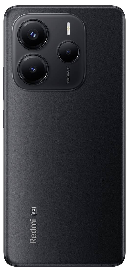 Ein schwarzes Smartphone mit einer Dreifach-Kamerasystem in der oberen linken Ecke. Das „Redmi 5G"-Branding ist in der Nähe des unteren Bereichs sichtbar.
