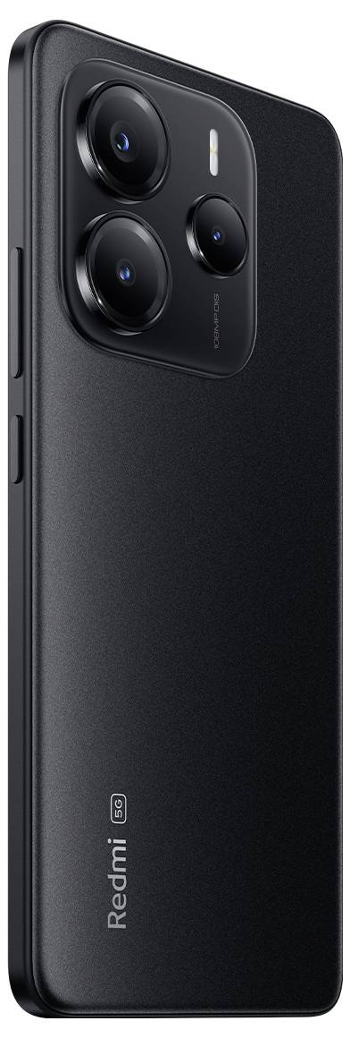 Ein elegantes, schwarzes Smartphone mit einer dreifachen Kameraeinrichtung auf der Rückseite und dem Text "Redmi" in der Nähe des unteren Randes.