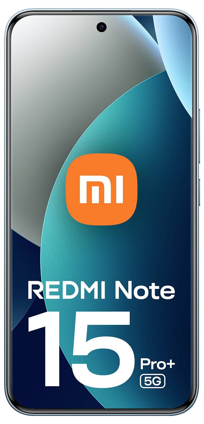 Ein Smartphone-Bildschirm zeigt den Text „REDMI Note 15 Pro+ 5G" mit dem Markenlogo an. Der Bildschirm hat ein modernes, geschwungenes Design.