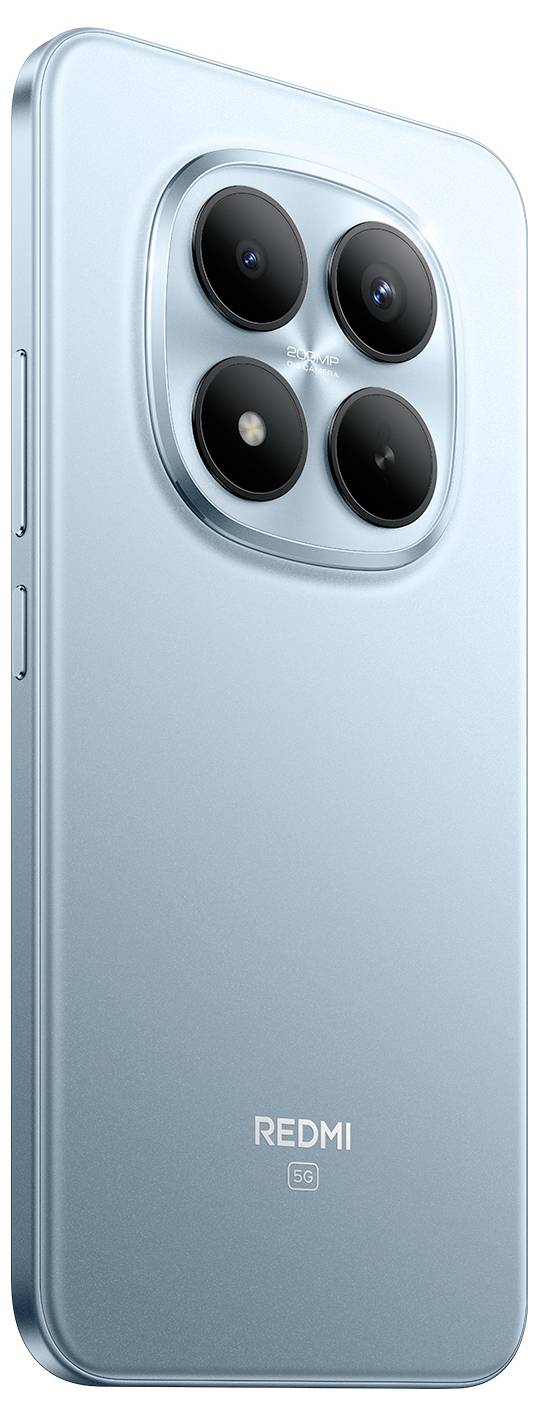 Ein elegantes silbernes Smartphone mit rechteckiger Form, das vier rückseitige Kameras auf einem erhabenen Modul aufweist, und der Markenname „Redmi" auf der Rückseite.