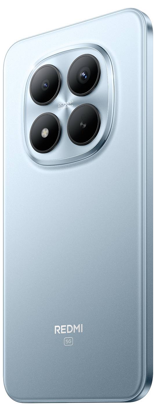 Ein schlankes Smartphone mit glänzendem blauem Finish, das auf der Rückseite ein Quad-Kamera-Setup und das Markenlogo am unteren Ende aufweist.