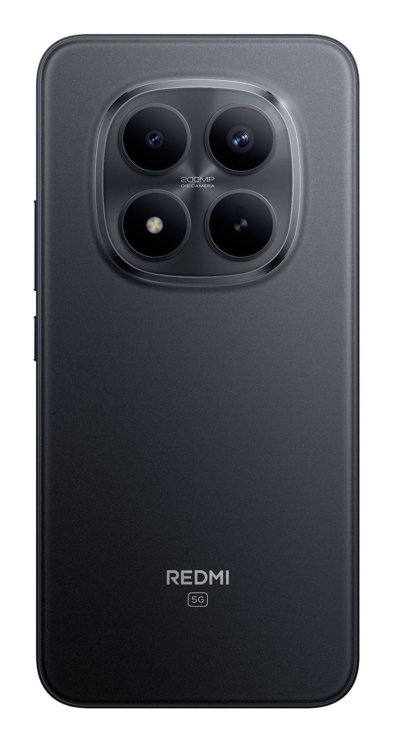 Ein schwarzes Smartphone mit vier rückseitigen Kameras, die in einem Quadrat angeordnet sind. Das Logo „REDMI 5G" ist unterhalb des Kameramoduls sichtbar.