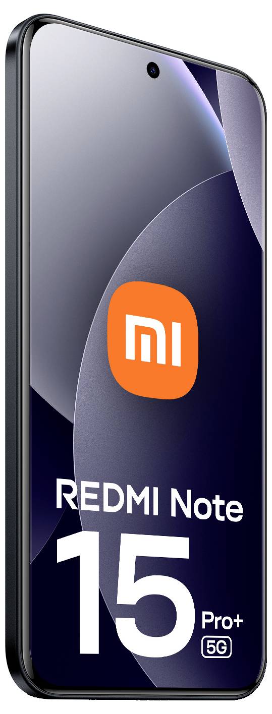 Ein Smartphone, das die Vorderansicht zeigt, mit hervorgehobener "REDMI Note 15 Pro+ 5G"-Branding und dem Xiaomi-Logo, vor einem eleganten Design.