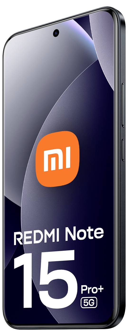 Smartphone mit "REDMI Note 15 Pro+ 5G" auf dem Bildschirm, mit Logo, schlankem Design und Seitentasten.