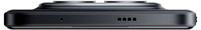 Ein Smartphone von der Seite betrachtet, das zwei Kameraobjektive und einen Lautsprechergitter auf einem schlanken schwarzen Gehäuse zeigt.