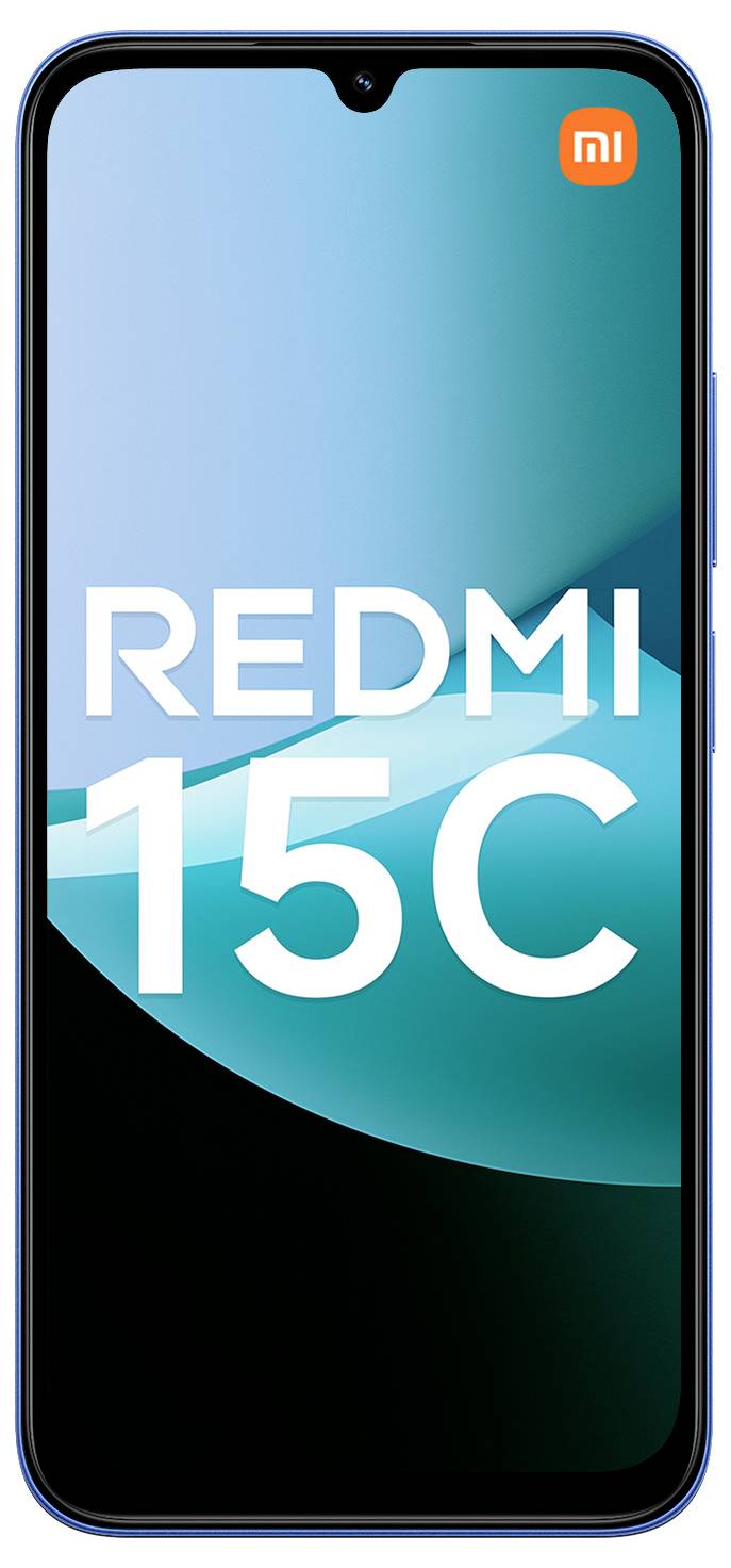 Smartphone mit einem blaugrünem Farbverlauf-Display, auf dem der Text „REDMI 15C" und das Xiaomi-Logo in der Ecke angezeigt werden.