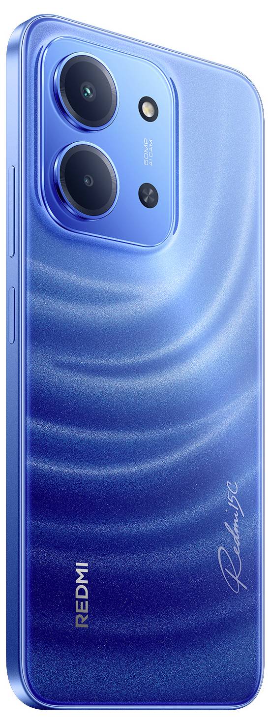 Ein schlankes blaues Smartphone mit Dual-Kameras, der Marke „Redmi", mit einer wellenförmigen Textur und einer Künstlersignatur auf der Rückseite.