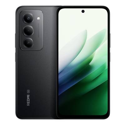 Schwarzes Smartphone mit dreifacher Rückkamera und einer kreisförmigen Frontkamera auf einem großen Display, das einen grünen und weißen abstrakten Hintergrund zeigt.