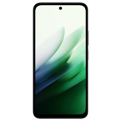 Ein Smartphone mit schwarzem Rahmen zeigt ein digitales Kunstwerk mit überlappenden, halbtransparenten grünen und weißen Blütenblättern auf seinem Bildschirm an.