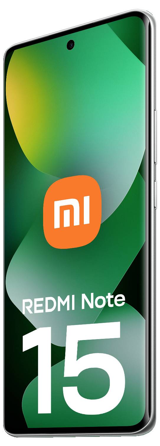 Smartphone mit „REDMI Note 15" auf dem Bildschirm mit abstraktem grünem Hintergrund und orangefarbenem Logo, von leicht schräger Perspektive betrachtet.