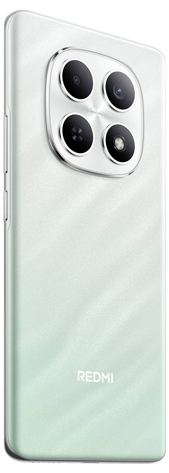 Ein Smartphone mit mintgrüner Rückseite, mit einem Quad-Kamera-Setup in einem quadratischen Modul und dem "REDMI"-Logo am unteren Ende.
