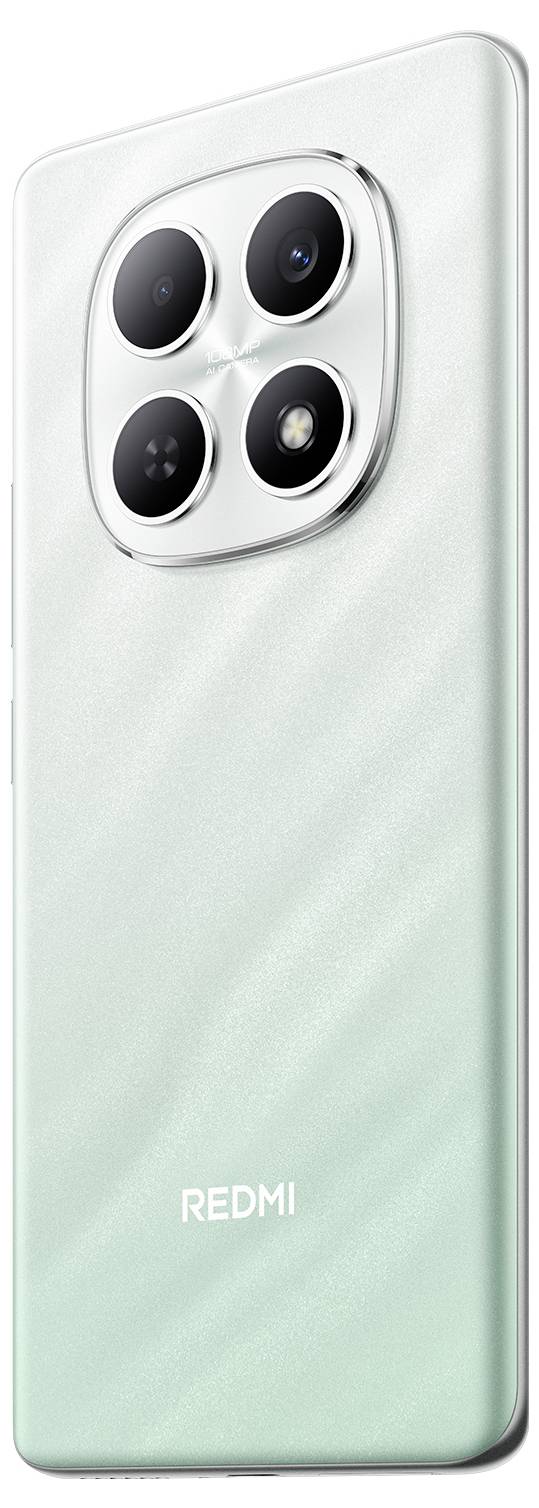 Ein Smartphone mit einer Quad-Kamera-Anordnung auf der Rückseite und einer hellgrünen Farbverlauf-Oberfläche, mit sichtbarem "REDMI"-Branding.
