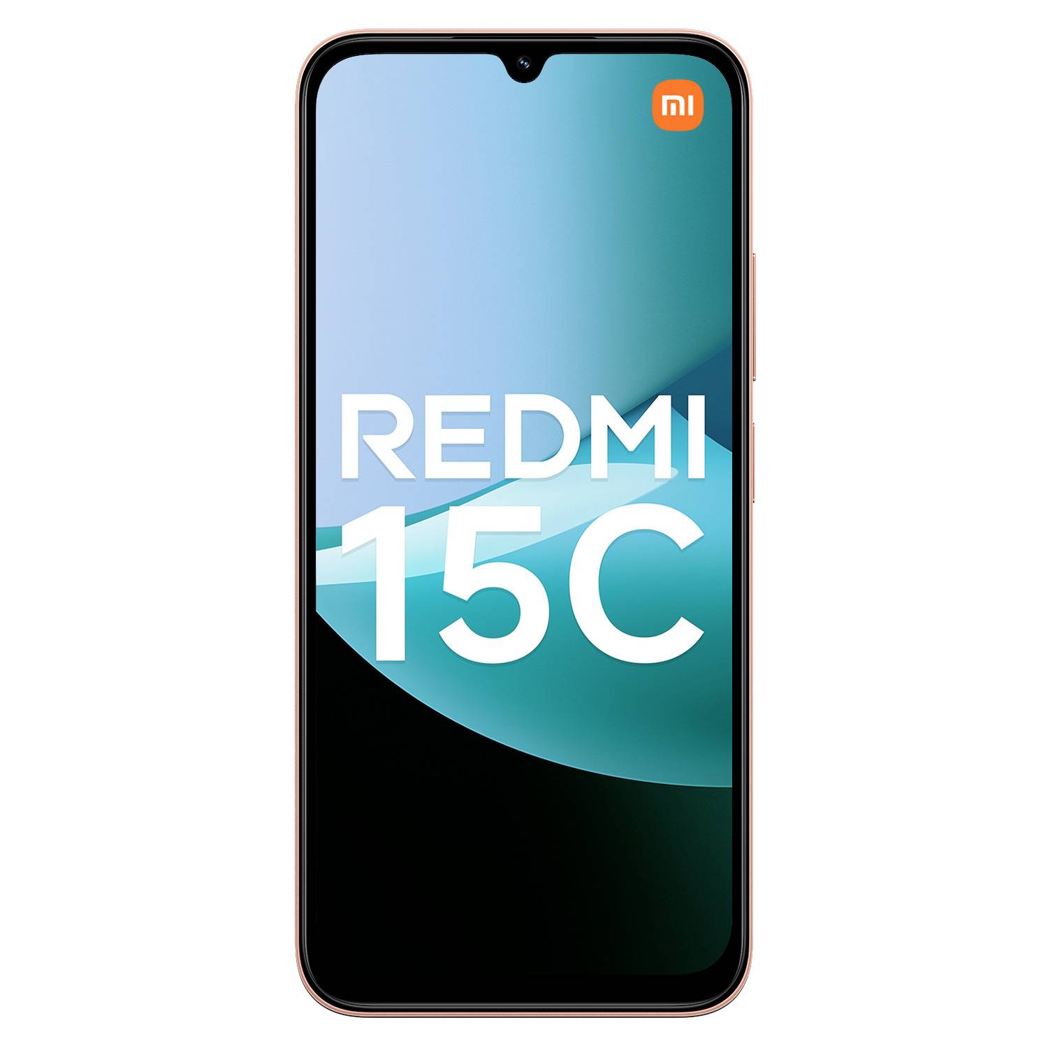 Smartphone-Vorderansicht mit "REDMI 15C" auf dem Bildschirm vor blauem Farbverlaufshintergrund.