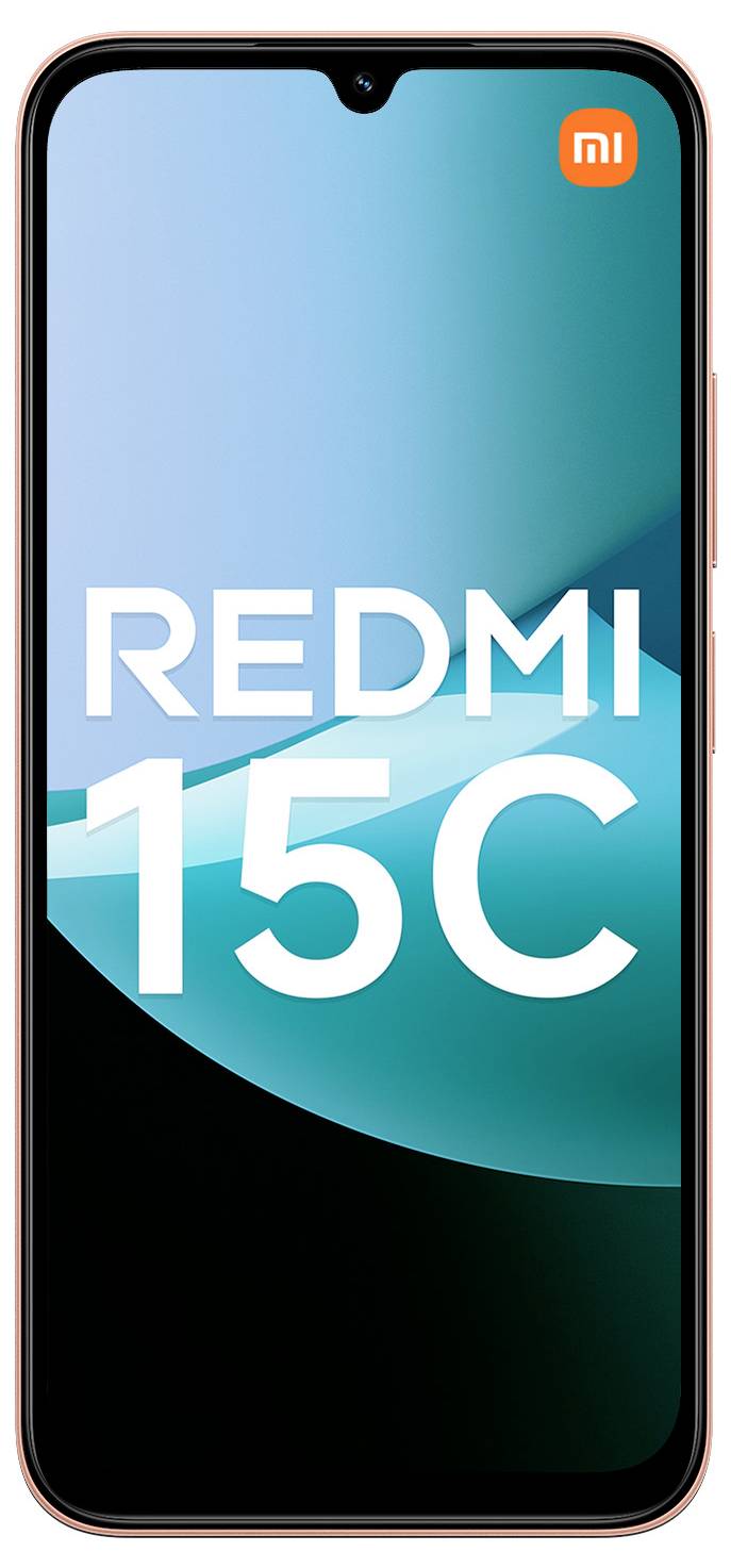 Ein Smartphone-Display mit dem „mi"-Logo oben und „REDMI Note 15 5G" darunter auf einem blau-orangefarbenen abstrakten Hintergrund.
