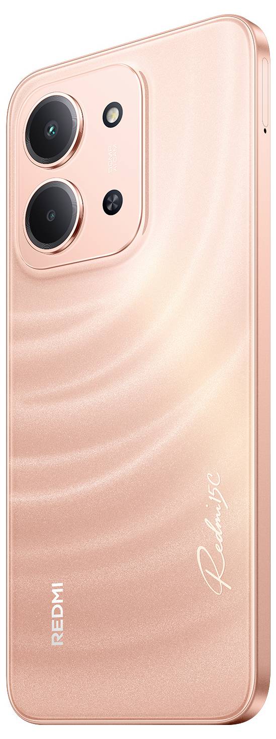 Ein elegantes, pfirsichfarbenes Smartphone mit Dual-Kamera-Setup und einem subtilen Signaturbrand auf der Rückseite, im Winkel positioniert, um das Rückseiten-Design zu zeigen.