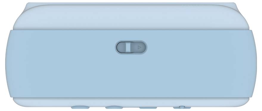 Ein blauer tragbarer Spiel-Controller von oben betrachtet, der einen Umschalter in der Mitte zeigt.