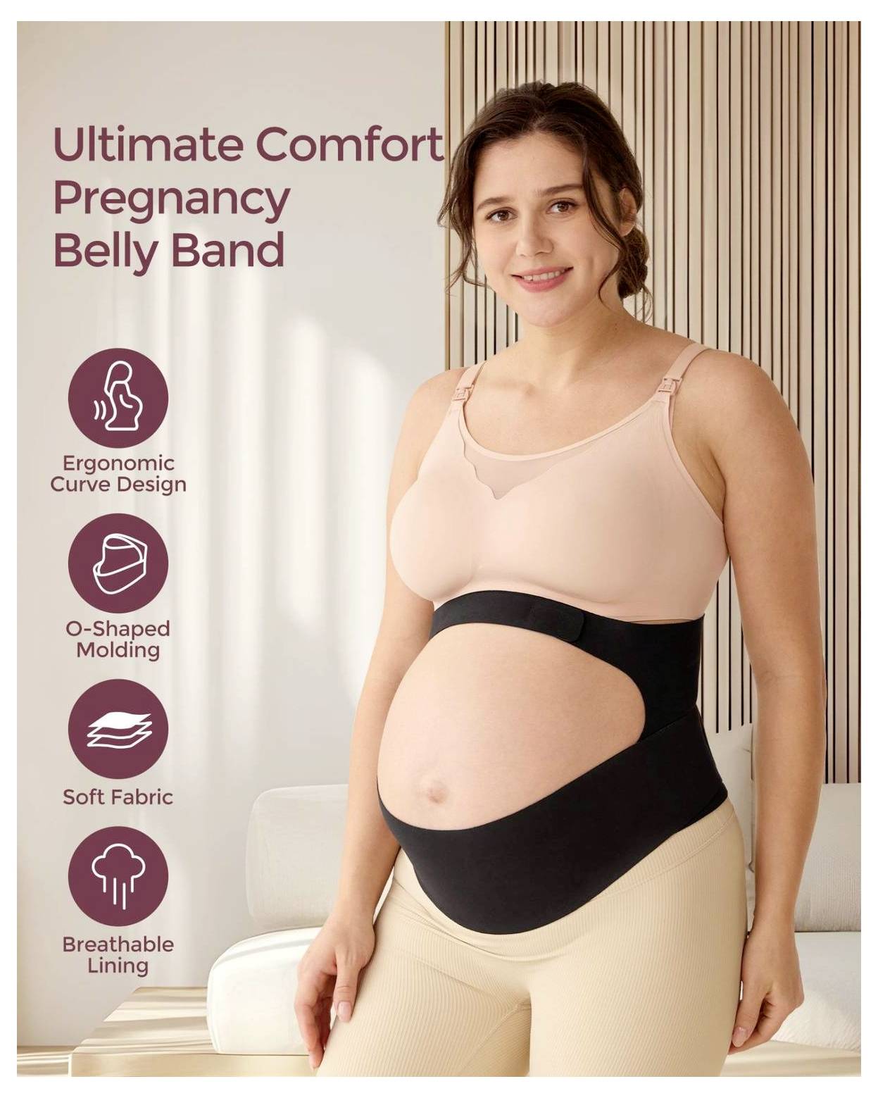 Eine schwangere Frau trägt einen stützenden Bauchgurt. Der Text hebt folgende Eigenschaften hervor: ergonomisches Design, O-förmige Formgebung, weiches Gewebe, atmungsaktive Innenseite.