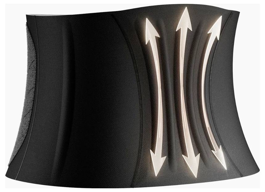 Ein schwarzer Stützgürtel für die Taille mit leuchtenden vertikalen Pfeilen, die flexible Auf- und Abwärtsbewegungen anzeigen.