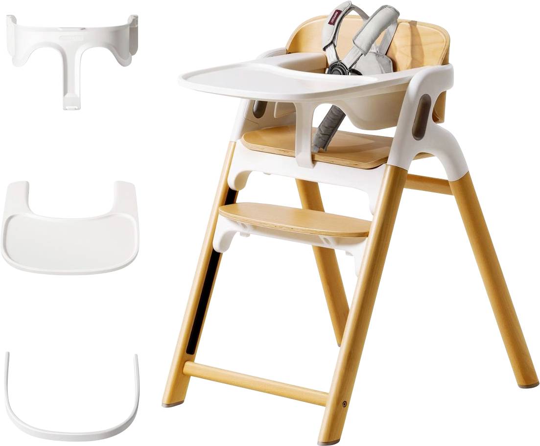Hochstuhl mit natürlicher Holzoberfläche und abnehmbarem weißem Tablett, Fußstütze und Sicherheitsgurt, konzipiert für Säuglinge und Kleinkinder.