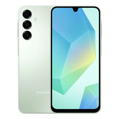 Ein silbernes Smartphone, das auf dem Bildschirm ein farbenfroches geometrisches Muster anzeigt. Auf der Rückseite sind drei Rückkameras sichtbar.