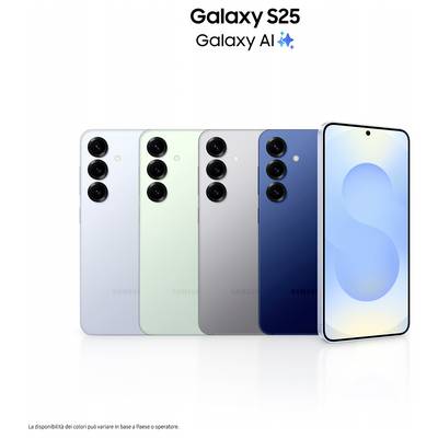 Samsung Galaxy S25 Smartphones in verschiedenen Farben mit Vorderansicht des Bildschirms und drei rückwärtigen Kameras. Text: „Galaxy S25, Galaxy AI."