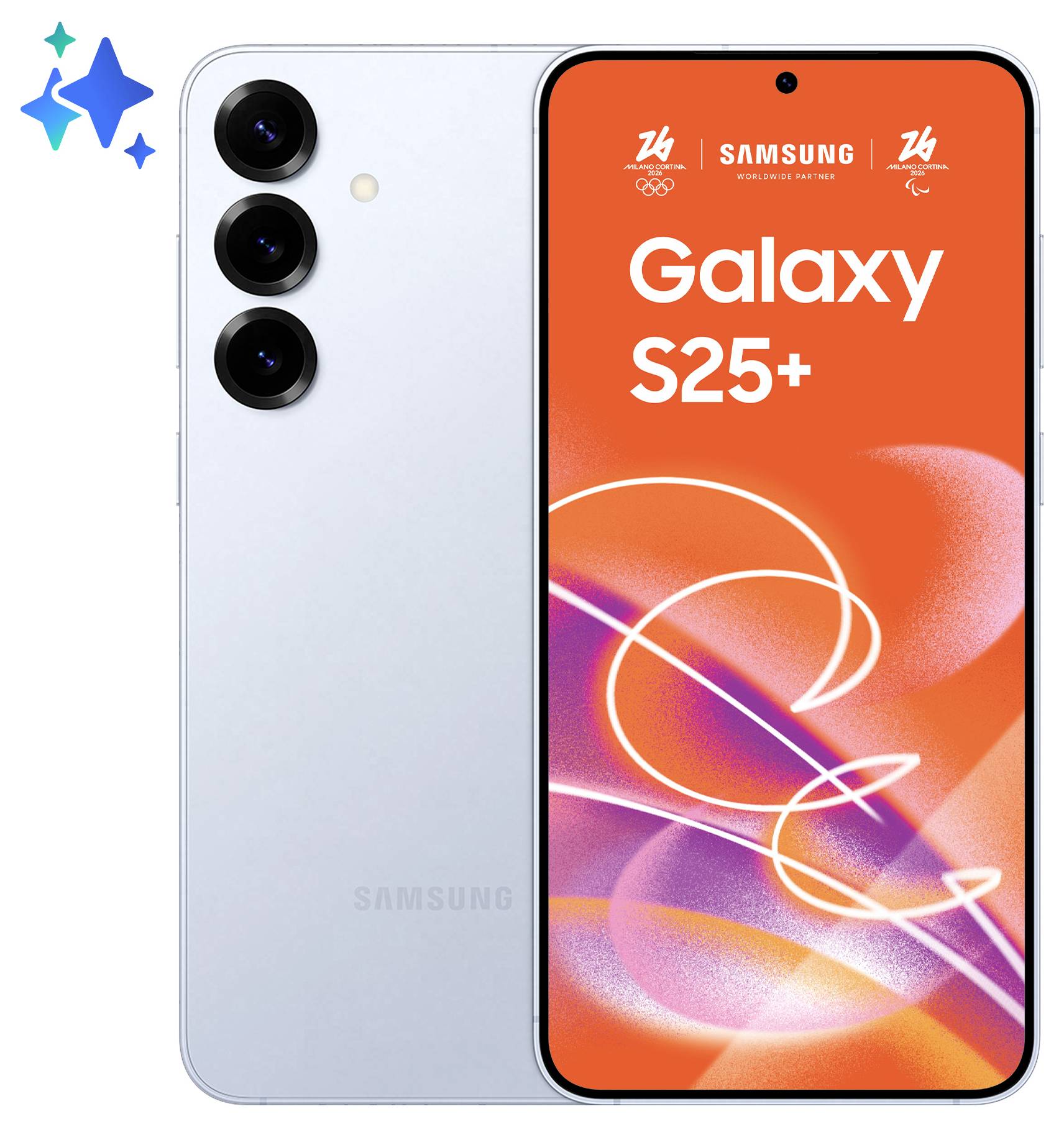 Samsung Galaxy S25+ Smartphone, silberfarben mit drei rückseitigen Kameras und orangefarbenem Bildschirm, der die Marke "Galaxy S25+" anzeigt.