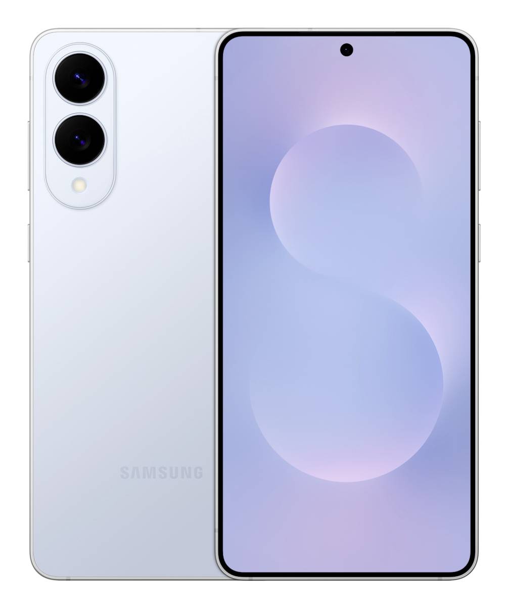Vorder- und Rückansicht eines modernen weißen Smartphones mit Doppelkameras, schlankem Design und "Samsung"-Logo auf der Rückseite.