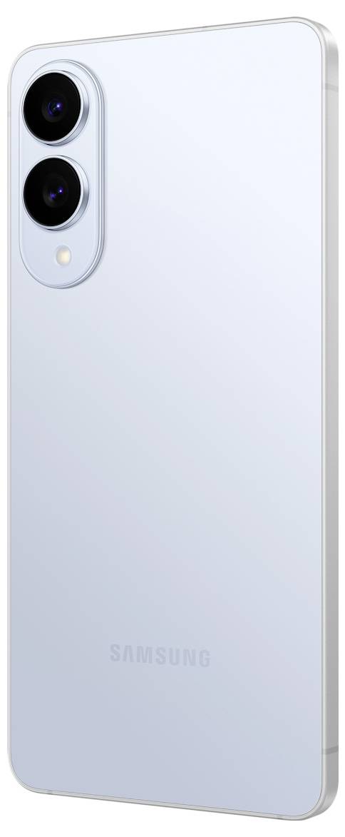 Ein schlankes weißes Smartphone mit Rückseite, das eine Dual-Kamera und einen metallischen Rahmen zeigt und sein minimalistisches und modernes Design hervorhebt.