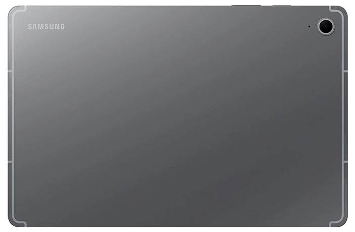 „Samsung-Tablet, Rückansicht, mit einer Kamera in der oberen rechten Ecke und einer eleganten, metallischen Oberfläche."