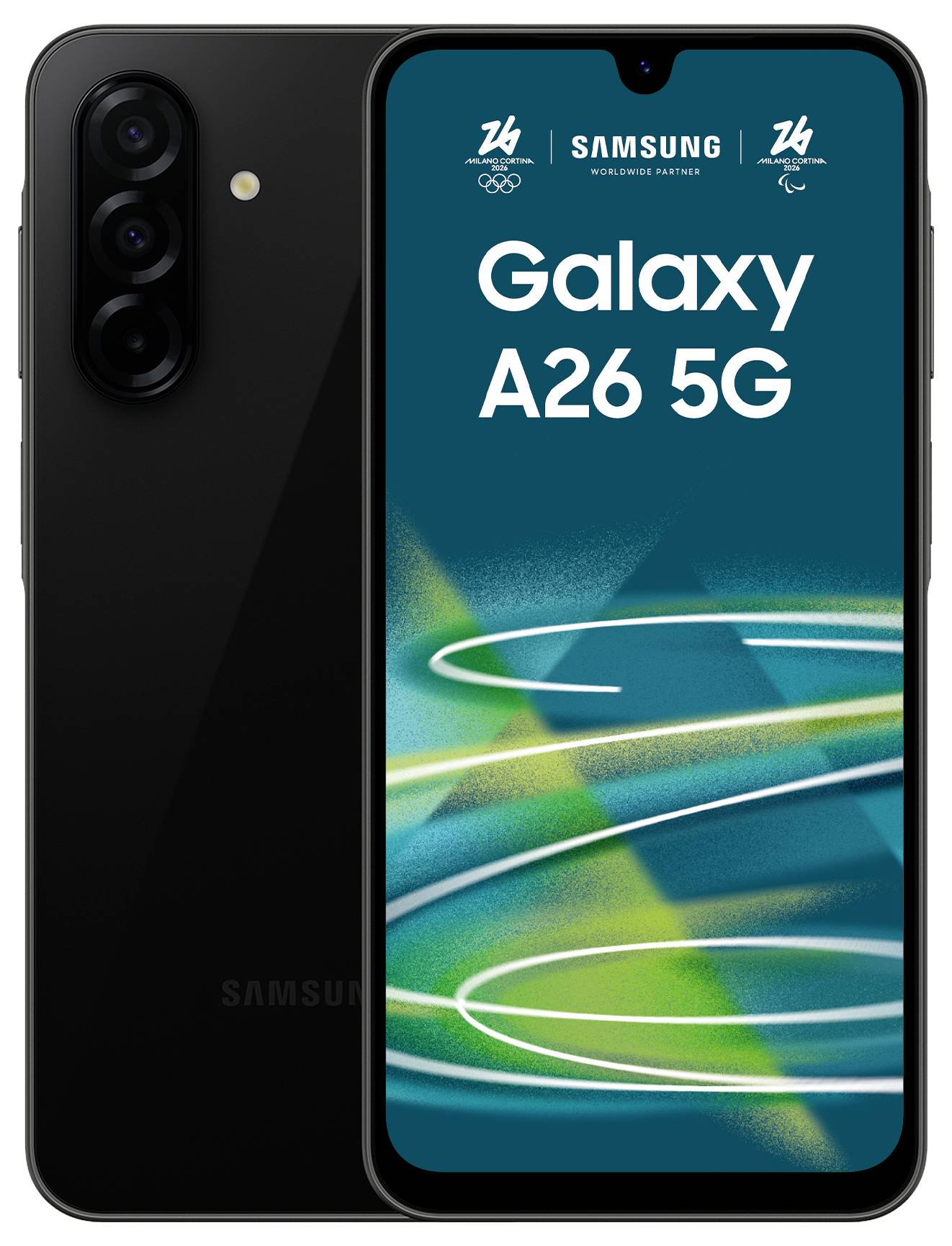 Das Bild zeigt ein schwarzes Samsung Galaxy A26 5G Smartphone mit leuchtendem Display, das abstrakte grüne und blaue Grafiken und den Text „Galaxy A26 5G" anzeigt.