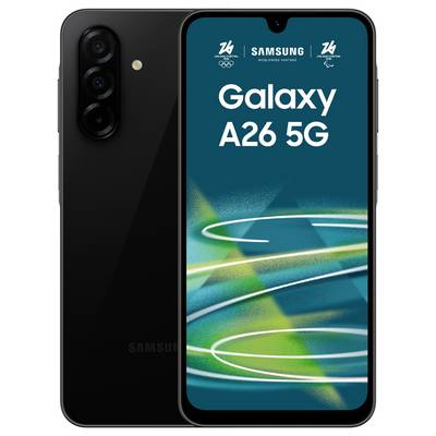 Das Bild zeigt ein schwarzes Samsung Galaxy A26 5G Smartphone mit leuchtendem Display, das abstrakte grüne und blaue Grafiken und den Text „Galaxy A26 5G" anzeigt.