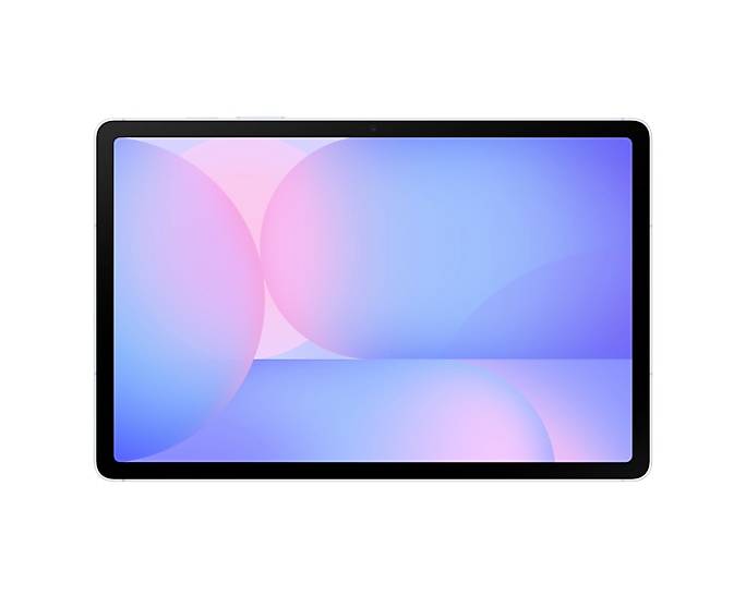 Ein Tablet, das eine farbenfrohe abstrakte Tapete mit sich überlappenden blauen und rosa Kreisen auf einem Farbverlaufshintergrund anzeigt.