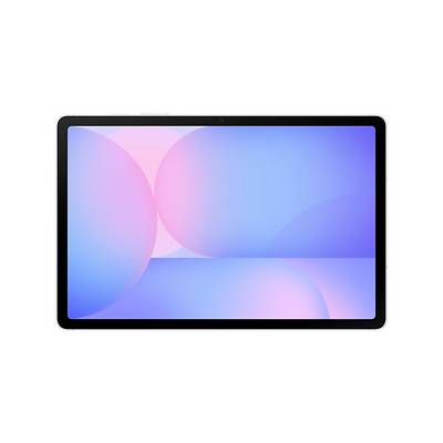Ein Tablet, das eine farbenfrohe abstrakte Tapete mit sich überlappenden blauen und rosa Kreisen auf einem Farbverlaufshintergrund anzeigt.