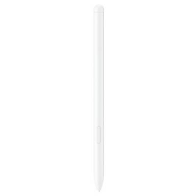 Ein weißer zylindrischer Stift mit einem subtilen Knopf in der Nähe der Oberseite, aufrecht gegen einen hellen Hintergrund stehend.